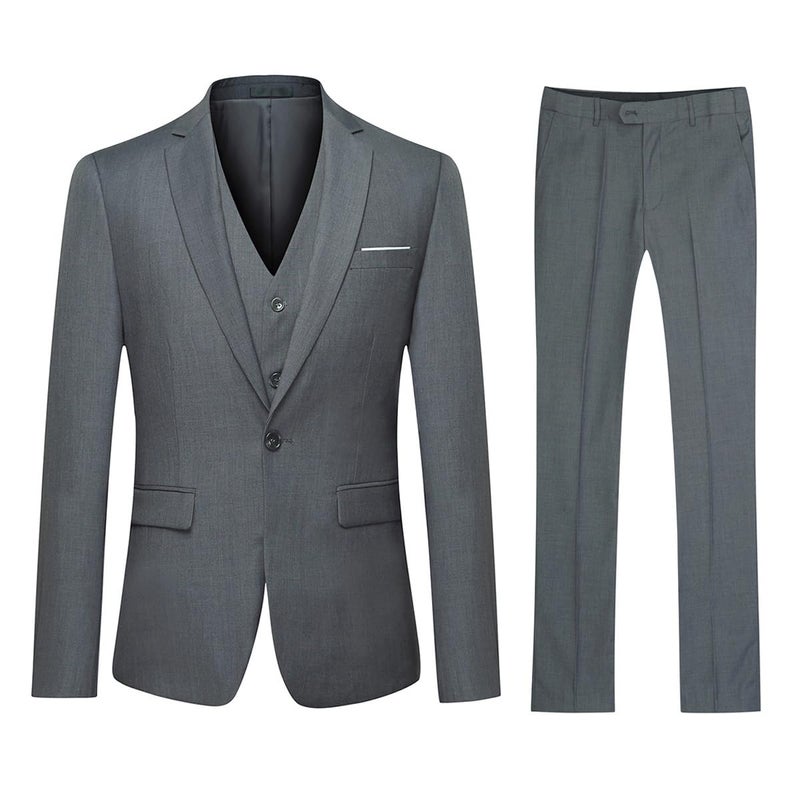 YFFUSHI Men's Slim Fit 3 Piece Suit One Button Blazer Tux Vest & Trousers,Dark Grey,Small - Image 2